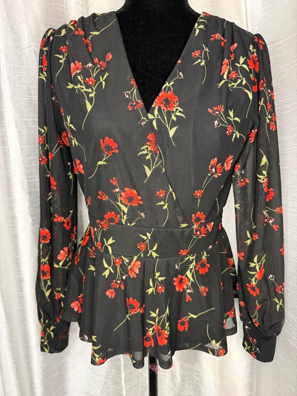 Ember Floral Peplum Blouse Lined Faux Wrap Career Office Party Women’s M